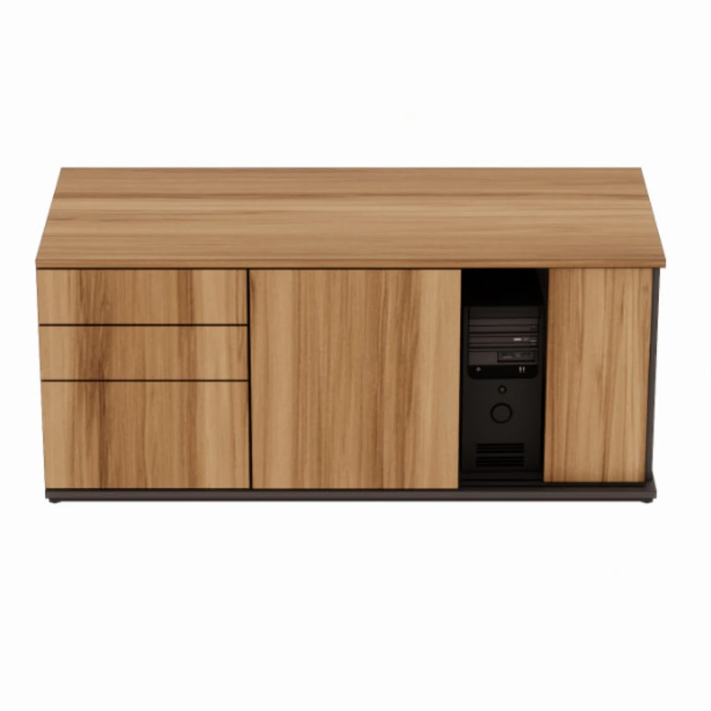 Armário credenza com 2 gavetas e 1 gavetão com nicho para CPU e porta de correr Level